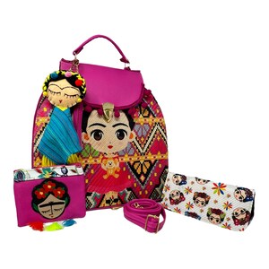 Mexikanische Artesanal Handtasche mit handbemalter Geldbörse, Portemonnaie und Frida Kahlo Quaste. Bolsa Mexicana Artesanal con accesorios hecho a mano