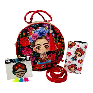 Mexikanische Artesanal Handtasche mit handbemalter Geldbörse, Portemonnaie und Frida Kahlo Quaste. Bolsa Mexicana Artesanal con accesorios hecho a mano