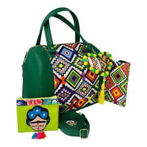 Mexikanische Artesanal Handtasche mit handbemalter Geldbörse, Portemonnaie und Frida Kahlo Quaste. Bolsa Mexicana Artesanal con accesorios hecho a mano