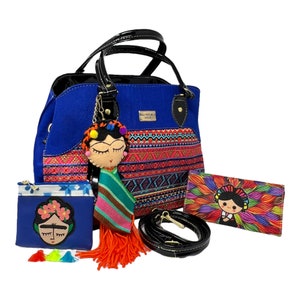 Mexican Artesanal Handbag with hand painted coin purse, wallet and Frida Kahlo tassel. Bolsa Mexicana Artesanal con accesorios hecho a mano