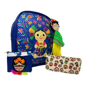 Mexikanische Artesanal Handtasche mit handbemalter Geldbörse, Portemonnaie und Frida Kahlo Quaste. Bolsa Mexicana Artesanal con accesorios hecho a mano