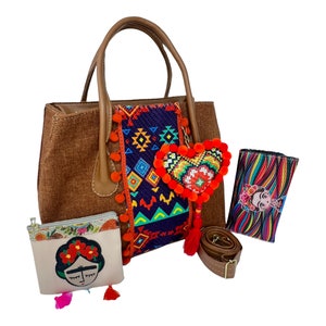 Mexikanische Artesanal Handtasche mit handbemalter Geldbörse, Portemonnaie und Frida Kahlo Quaste. Bolsa Mexicana Artesanal con accesorios hecho a mano