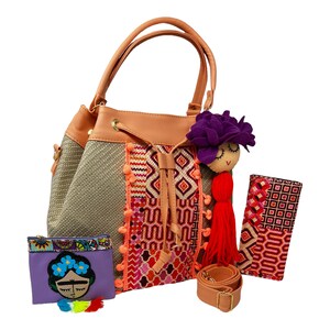 Mexikanische Artesanal Handtasche mit handbemalter Geldbörse, Portemonnaie und Frida Kahlo Quaste. Bolsa Mexicana Artesanal con accessorios hecho a mano