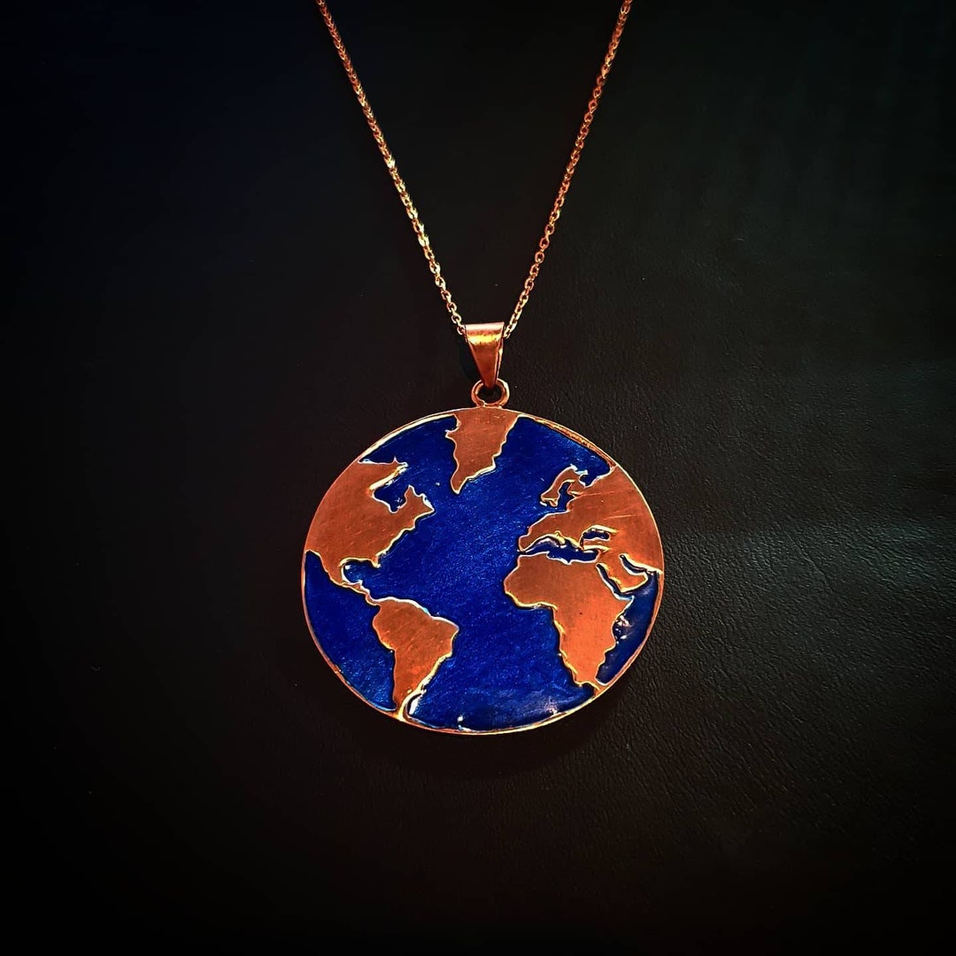 Blue Enamel World Map Necklace Traveler's Jewelry Etsy