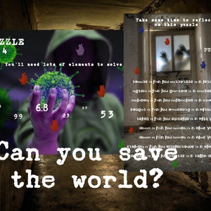 May include: A green and purple virus model with numbers around it. The text "Can you save the world?" is below the model. The text "Puzzle 4" is in the top left corner. The text "You'll need lots of elements to solve" is below the text "Puzzle 4".