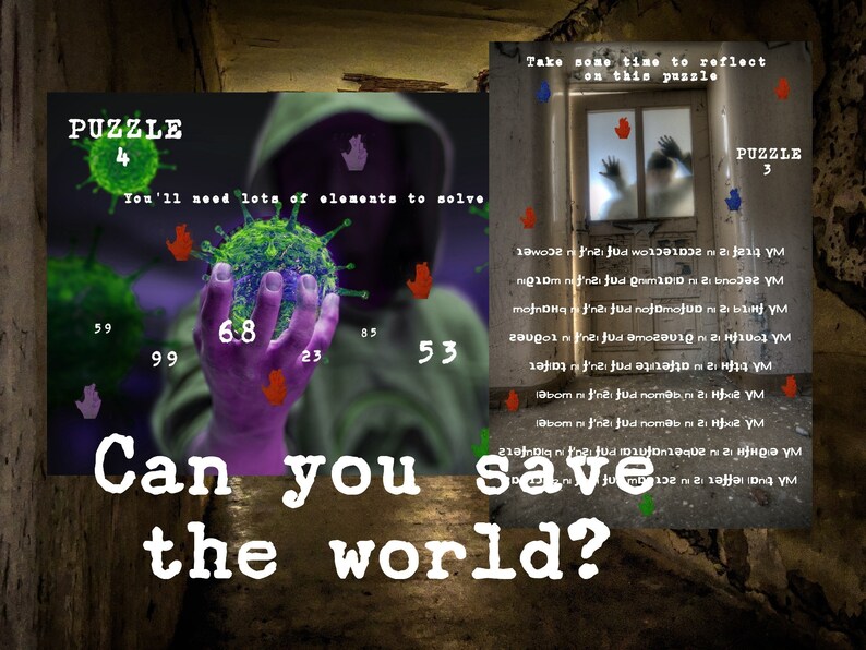 May include: A green and purple virus model with numbers around it. The text "Can you save the world?" is below the model. The text "Puzzle 4" is in the top left corner. The text "You'll need lots of elements to solve" is below the text "Puzzle 4".