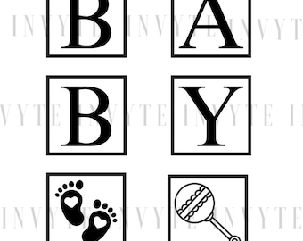 Baby Blocks Template PNG Transparent File for Baby Shower Centerpiece, Baby Rattle, Baby Feet, and "B" "A" "B" "Y"