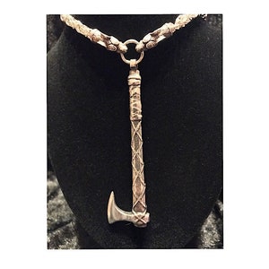Viking battle axe with Fenris Wolf ended kings chain. Heavy sterling silver handmade axe pendant.