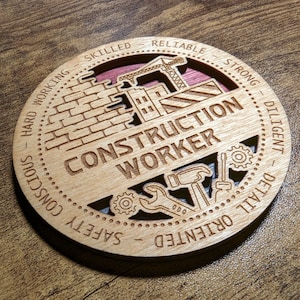 Brand New Professional Hardwood Medal Ornament Coaster - Construction Worker - FREE SHIPPING