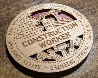 Brand New Professional Hardwood Medal Ornament Coaster - Construction Worker - FREE SHIPPING