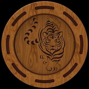 May include: A wooden circular tray with a dark brown border and a carved tiger design in the center.