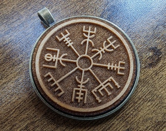 Brand new hardwood and bronze pendant of the Viking Symbol (Rune) Vegvísir or "Viking Compass."