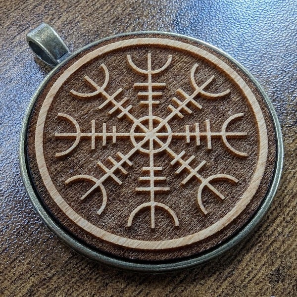 Brand new hardwood and bronze pendant of the Viking Symbol (Rune) Aegishjalmur or "Helm of Awe."