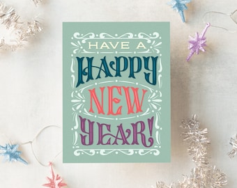 Happy New Year Greeting Card, Blank New Years Card, Typography Holiday Card, New Years Stationery, Winter Holidays Card, Hand Lettered Card