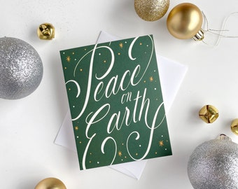 Peace on Earth Christmas Card, Script Christmas Card, Green Holiday Notecard, Religious Holiday Greeting Card, Christmas Blank Notecard