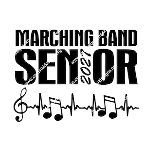 May include: A black graphic design featuring the bold text MARCHING BAND SENIOR with the year 2027 integrated into the word SENIOR. Below the text is a black heartbeat line graphic that incorporates a treble clef and two musical notes.