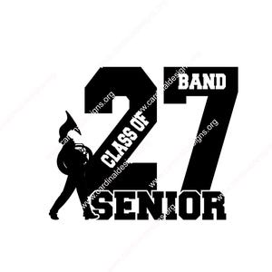 May include: A black graphic design featuring the large number 27 with the text CLASS OF and BAND integrated into the digits. Below the number is the word SENIOR in bold capital letters. A silhouette of a marching band musician playing a sousaphone.