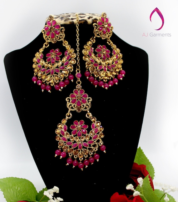 Magenta Golden Kundan Earrings Maang Tikka Set Indian Etsy