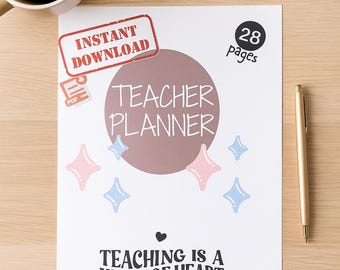 Pode incluir: Um planejador de professor branco com um design de círculo marrom, as palavras "Teacher Planner" e "Teaching is a work of heart". Inclui gráficos de estrelas rosa e azul, e o texto "Instant Download" e "28 páginas". Uma caneta dourada e uma xícara de café também são visíveis.