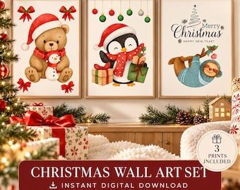 May include: A set of three wall art prints featuring a brown bear in a Santa hat holding a snowman, a penguin in a Santa hat with gifts, and a sloth hanging from a branch with the text Merry Christmas Happy New Year. The set includes three prints.