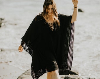 Georgina Plus Size Caftan, plus size black caftan, plus size black cover up, plus size black swimwear, plus size beach cover up