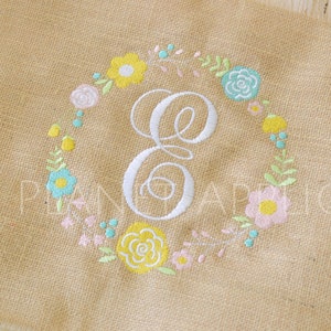 Floral Wreath Cursive Script Alphabet Monogram Font Machine Embroidery Design for Wedding