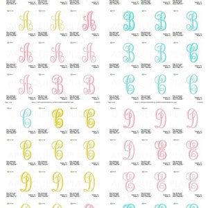 May include: A sheet of embroidery designs featuring the letters A through I in various colors, including yellow, pink, and blue. Each letter is shown in three different sizes.
