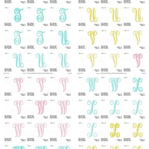 May include: A sheet of embroidery designs featuring the letters J, U, V, W, and X in various colors, including pink, blue, and yellow. The designs are in a cursive font and are suitable for embroidery projects.