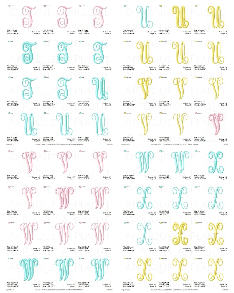May include: A sheet of embroidery designs featuring the letters J, U, V, W, and X in various colors, including pink, blue, and yellow. The designs are in a cursive font and are suitable for embroidery projects.