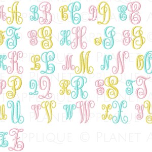 May include: A set of 26 alphabet letters in a cursive font, each letter is a different color. The letters are pink, yellow, and blue. The letters are embroidered on a white background.