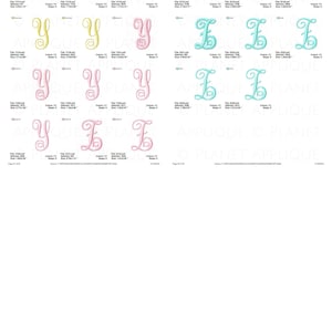 May include: A sheet of embroidery designs for the letters Y and Z. The designs are in various colors, including yellow, pink, blue, and green. The designs are in a variety of styles, including script and block letters.