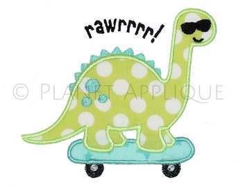 May include: A green dinosaur with white polka dots wearing sunglasses and riding a blue skateboard. The dinosaur says "rawrrrr!"