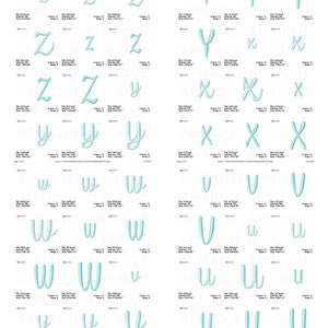 Puede incluir: Una hoja de dise&ntilde;os de bordado que presenta las letras Z, Y, X, W y U en color azul claro. Los dise&ntilde;os son de varios estilos y tama&ntilde;os.