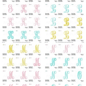 May include: A sheet of embroidery designs featuring the letters S, K, L, M, N, and O in various colors, including pink, blue, yellow, and green. The designs are in a script font and are suitable for embroidery projects.