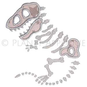 May include: A silver embroidered dinosaur skeleton with a pink and white patterned head and tail.