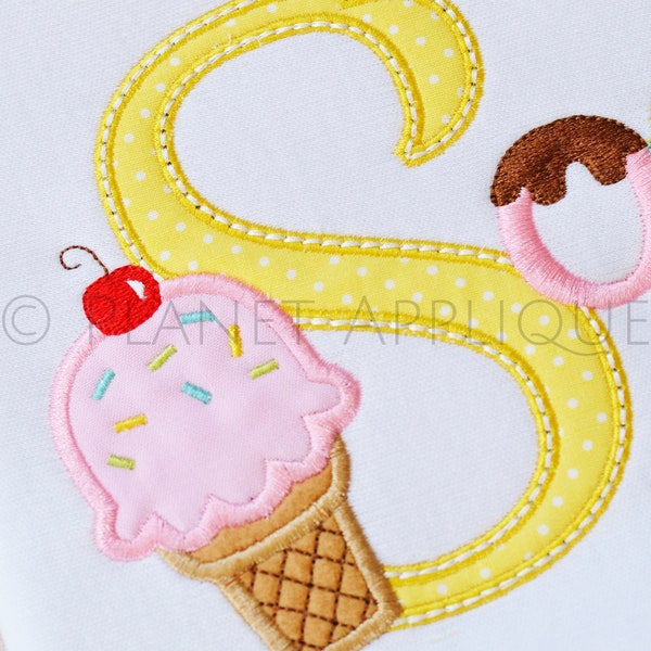 Ice Cream Cone Cursive Script Applique Alphabet Monogram Font Machine Embroidery Design