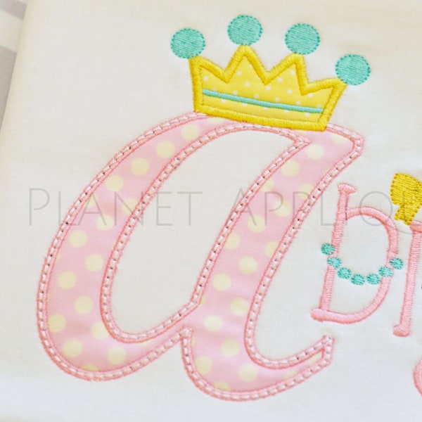Princess Crown Cursive Script Applique Alphabet Monogram Font Machine Embroidery Design