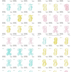 May include: A sheet of embroidery designs featuring various cursive letters in different colors, including pink, yellow, blue, and turquoise. The letters are arranged in rows and columns, with each letter having multiple sizes.