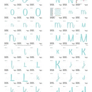 Puede incluir: Una hoja de dise&ntilde;os de bordado que presenta las letras O, N, M, L, K y J en color azul claro. Las letras est&aacute;n en varios tama&ntilde;os y estilos. La hoja est&aacute; titulada "Madeline Sue" e incluye una pancarta con una hilera de banderas de colores.