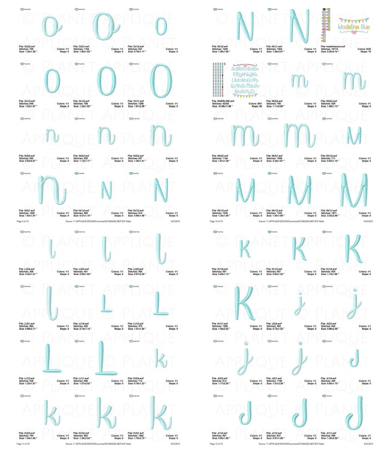 Puede incluir: Una hoja de dise&ntilde;os de bordado que presenta las letras O, N, M, L, K y J en color azul claro. Las letras est&aacute;n en varios tama&ntilde;os y estilos. La hoja est&aacute; titulada "Madeline Sue" e incluye una pancarta con una hilera de banderas de colores.