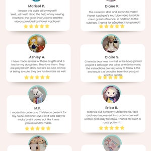 May include: A collage of customer reviews for a doll-making pattern. Each review includes a photo of the doll made from the pattern, a star rating, and a written review. The reviews highlight the ease of use of the pattern, the quality of the finished product, and the overall satisfaction of the customers.