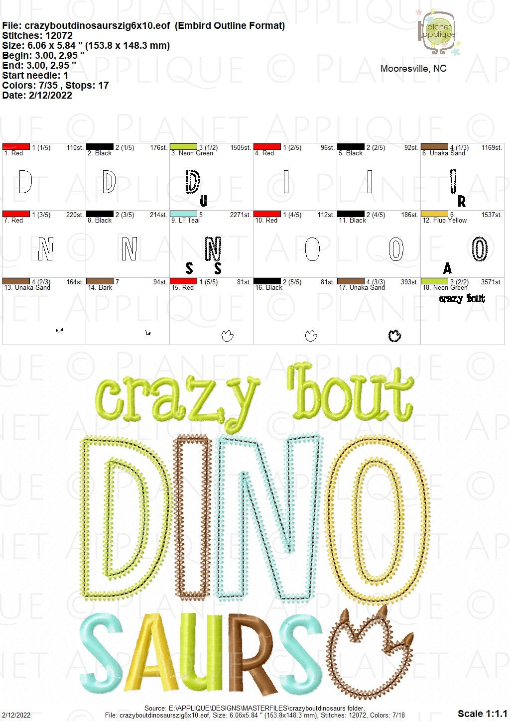 Crazy About Dinosaurs Satin Zigzag Applique Machine Embroidery Design ...