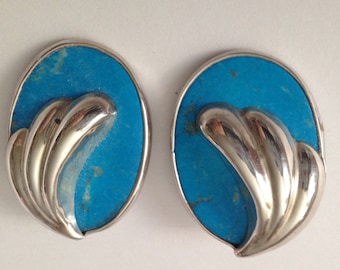 Bold Vintage Sterling Silver Turquoise Clip Earrings - Ture Design