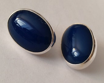 Sterling Silver Blue Onyx Post Earrings: 14K Gold Bezel by Ture