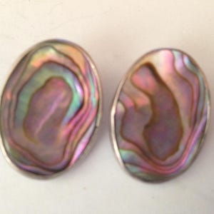 Può includere: Due orecchini ovali con conchiglie di abalone iridescenti. I gusci presentano un motivo a vortice di tonalità rosa, verdi e viola, incastonati in una montatura in metallo argentato. Gli orecchini sono esposti su una superficie bianca.
