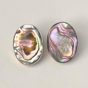 May include: Two oval abalone shell cabochons with iridescent colours of pink, purple, green, and brown. Each shell is set in a silver bezel. The shells have a natural, organic pattern.
