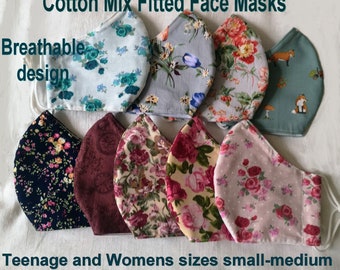 Reusable Face Masks, teenage & woman small - medium, 3 layers, breathable fit, Filter Pocket, Washable, Cotton Face Covers, free UK shipping