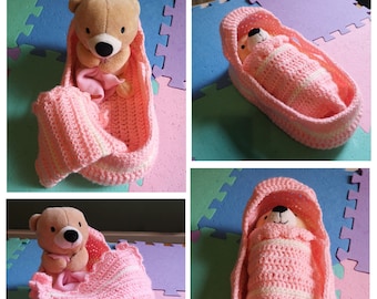 Crochet Moses Basket in Peach and Cream with Soft Teddy Bear Inside. Childs Toy. A lovely gift for children of all ages