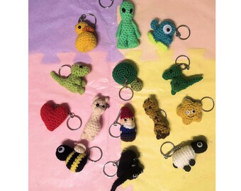Crochet Keyrings, Duck, Bee, Sheep, Heart, Star, Tortoise, Monster, Alien, Dinosaur, Giraffe, Alpaca, Gnome, Xenomorph, unique key chains