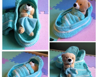 Crochet Moses Basket in Pretty Turquoise and cream with Soft Teddy Bear Inside. Childs Toy. A lovely gift for children of all ages